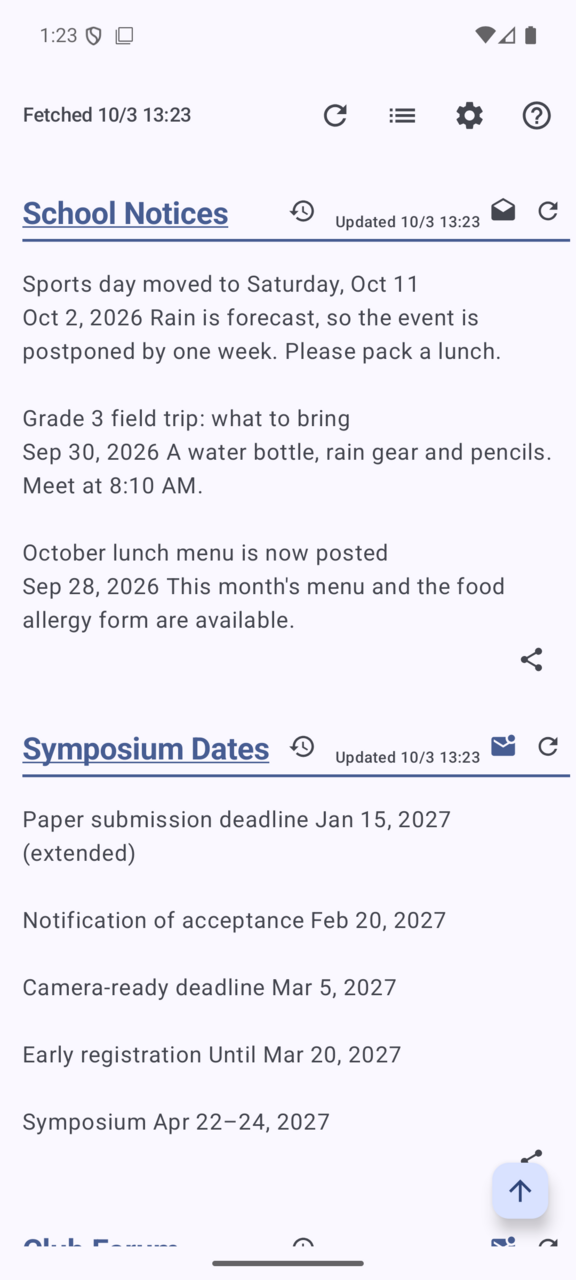 Web Checker screen: School notices listed as new (a fictional school)