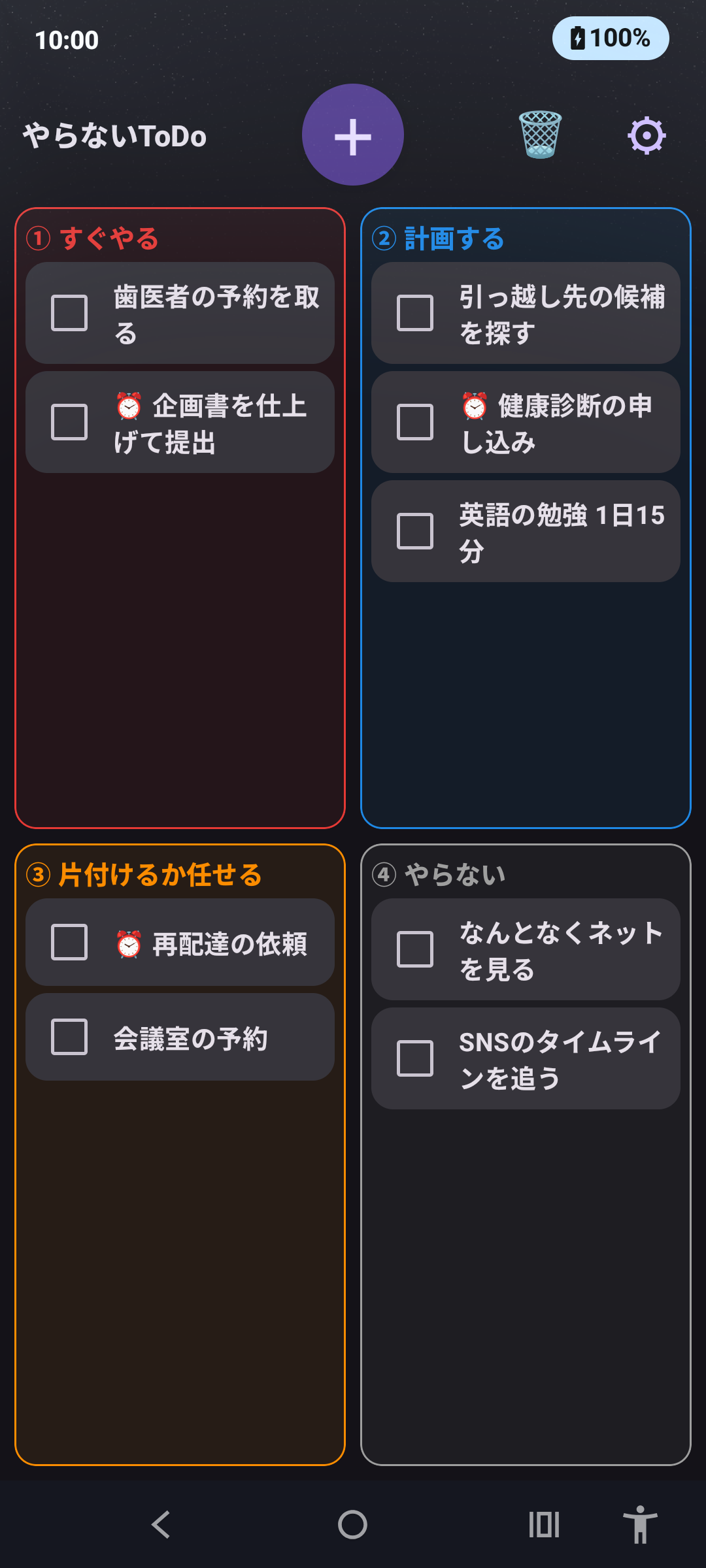 やらないToDo の画面: 4つのマスに分けたタスク